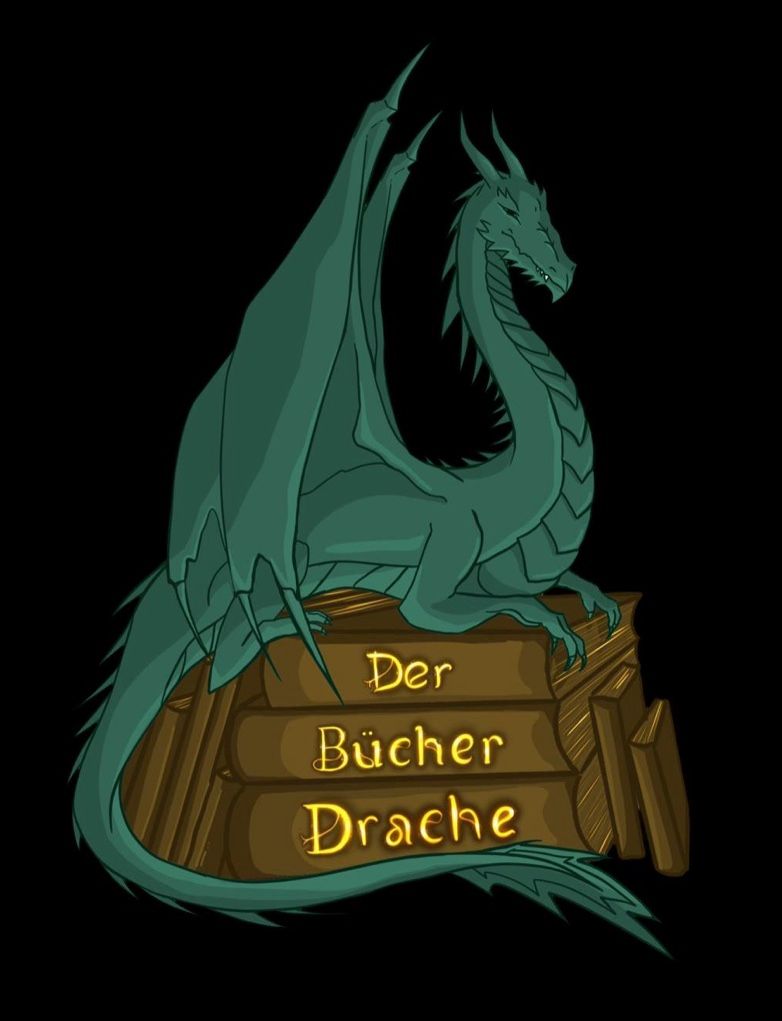 Logo des Bücherdrachen: ein jadegrüner Drache thront auf einem Stapel Bücher mit der Aufschrift „Der Bücher Drache“