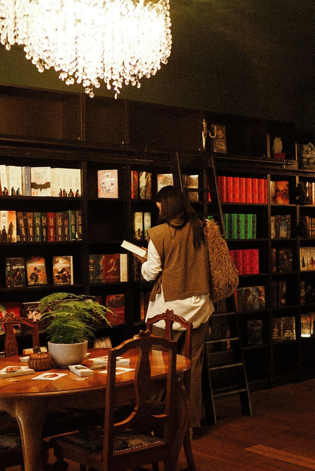 Eine Leserin stöbert zwischen dunklen Holzregalen voller Fantasy-Bücher im Bücherdrachen